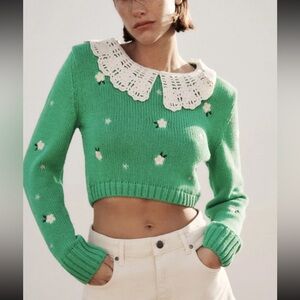 Zara Green Floral Knit Cropped Sweater with a Crochet Bib Collar